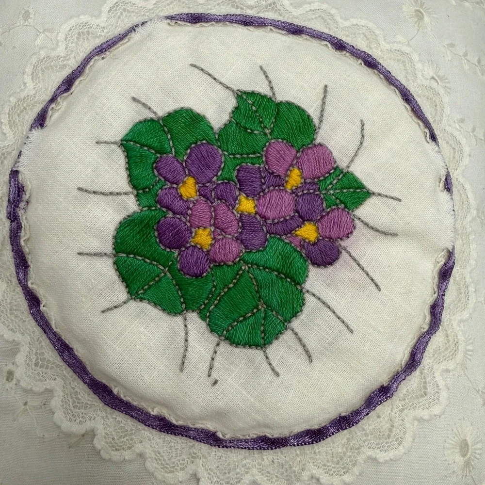 Vintage Handmade Embroidered Lace Pillows‎ Cottagecore Purple Floral Set